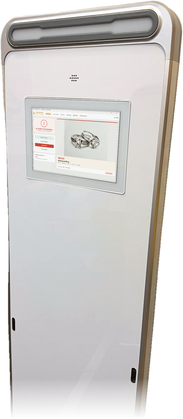 The Jewel Software RFID Antitheft Gate with touch screen showing an unsold diamond ring